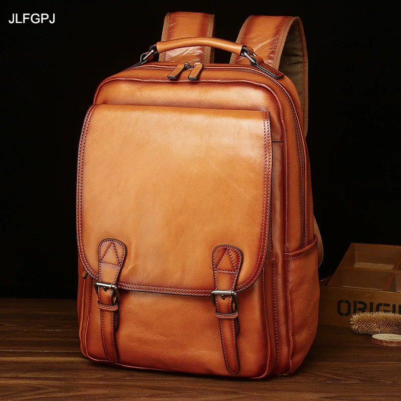

Tree Cream Cowhide Backpack for Men's Advanced Head Layer Leather Large Capacity Casual Wearable Trolley Case Computer Bag