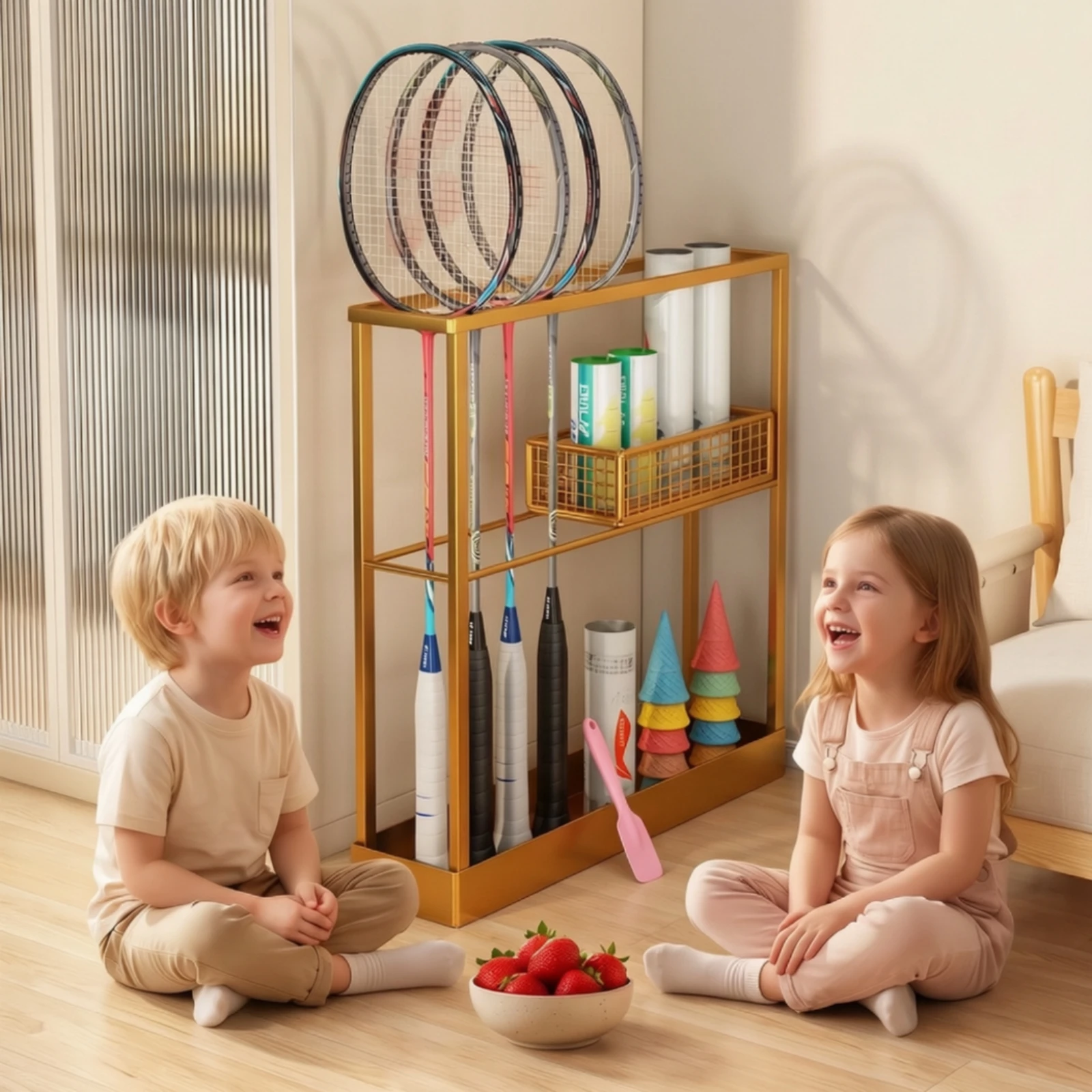 Sports Storage Rack with Basket Metal Tennis Racket Storage Rack Badminton Racket Holder Open-Frame Organizer Geometric