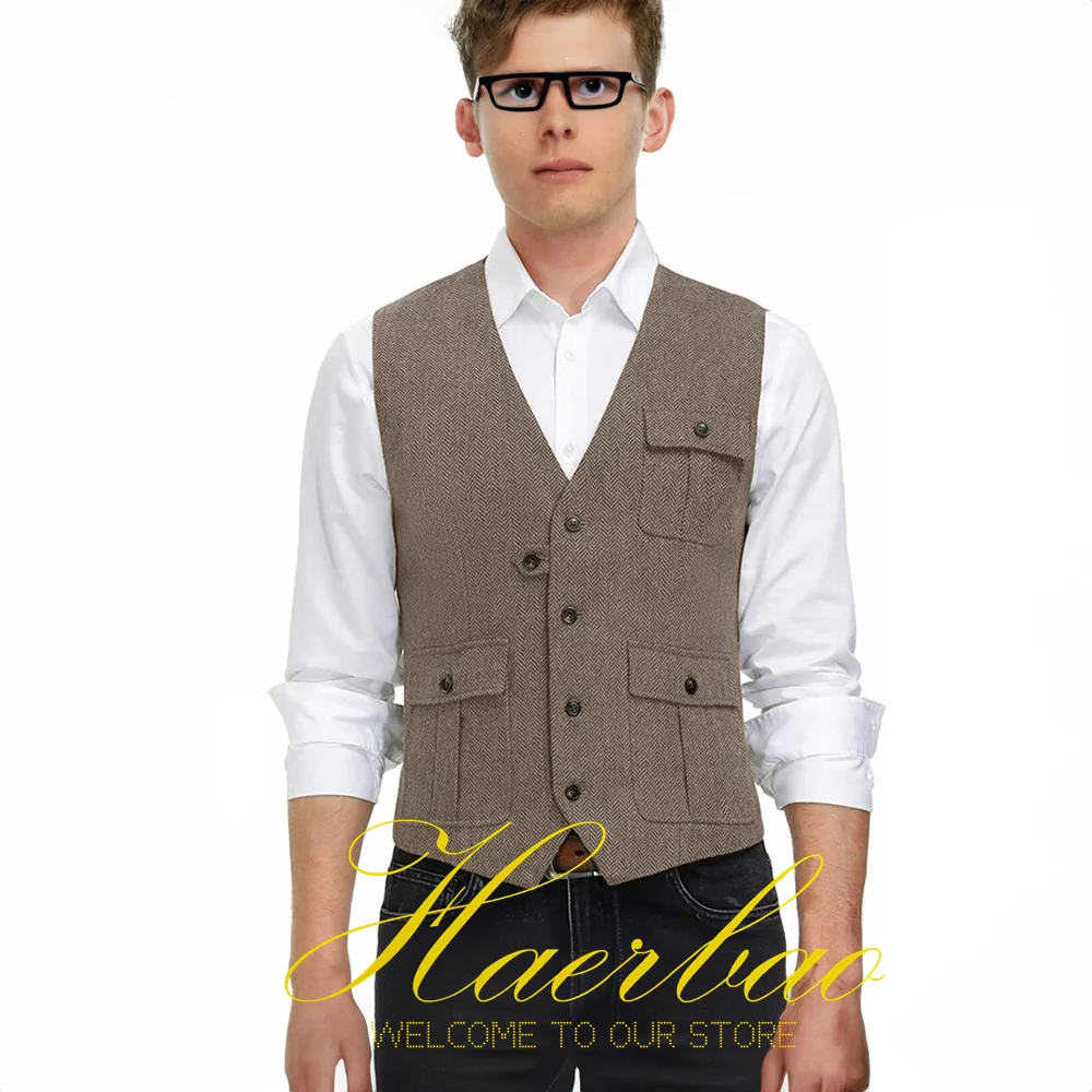 

Men's Vest Herringbone V Neck Wool Waistcoat Office Formal Vest Men Groom Wedding Sleeveless Jacket chaleco hombre