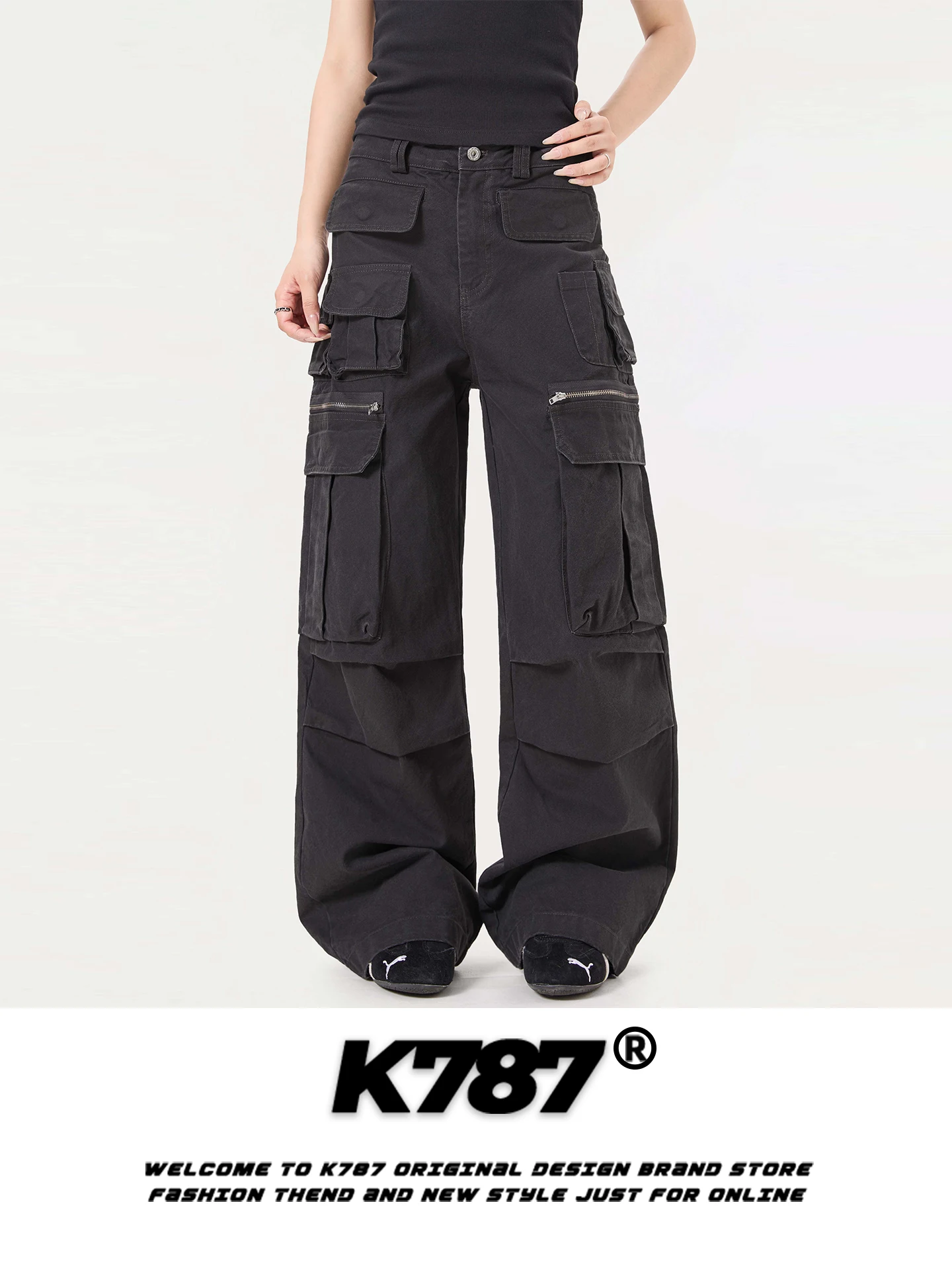 

K787 American Retro Waed Multi-ket Work Pants Men's Loose Straight Leg Wide Leg Long Pants Street Sle Casual Jeans