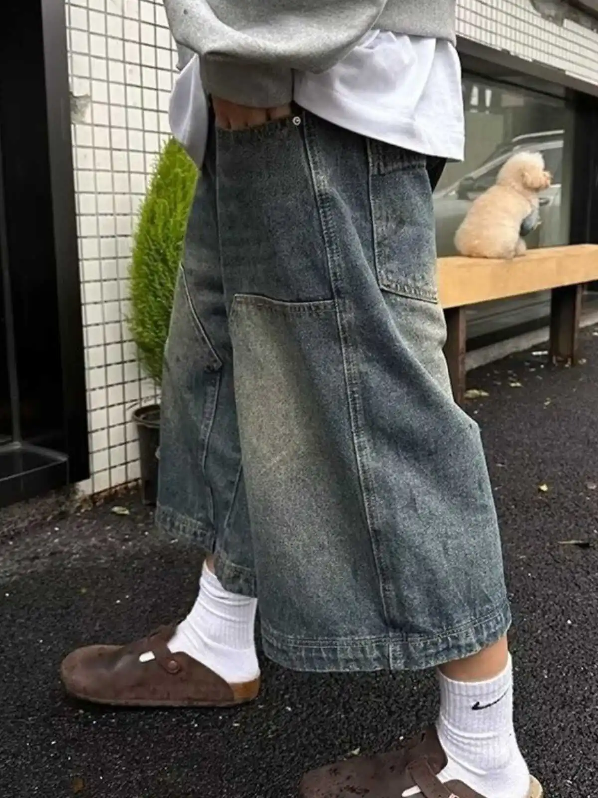 

Джинсы High Street в американском стиле в стиле ретро, студенческие мужские широкие брюки, прямой крой, винтажные лоскутные джинсы на семь футов, модные большие размеры