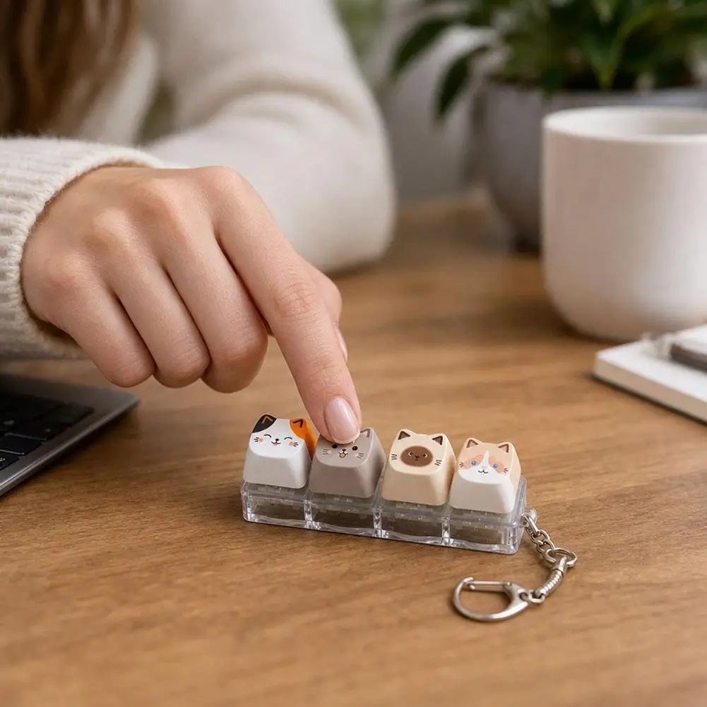 Cute Cat Shape Mechanical Keychain Fidget Toy 4Keys Clicker Stress Relief Keyboard Pendant Portable Sensory Toy Gift 열쇠고리 Брелок