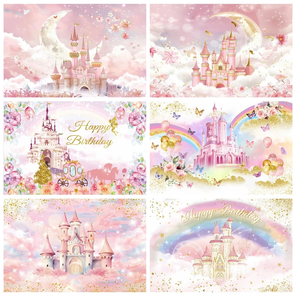Regenboog Kasteel Fotografie Achtergronden Goud Glitter Eenhoorn Maan Kleurrijke Wolken Baby Douche Meisjes 1e Verjaardag Foto Achtergrond