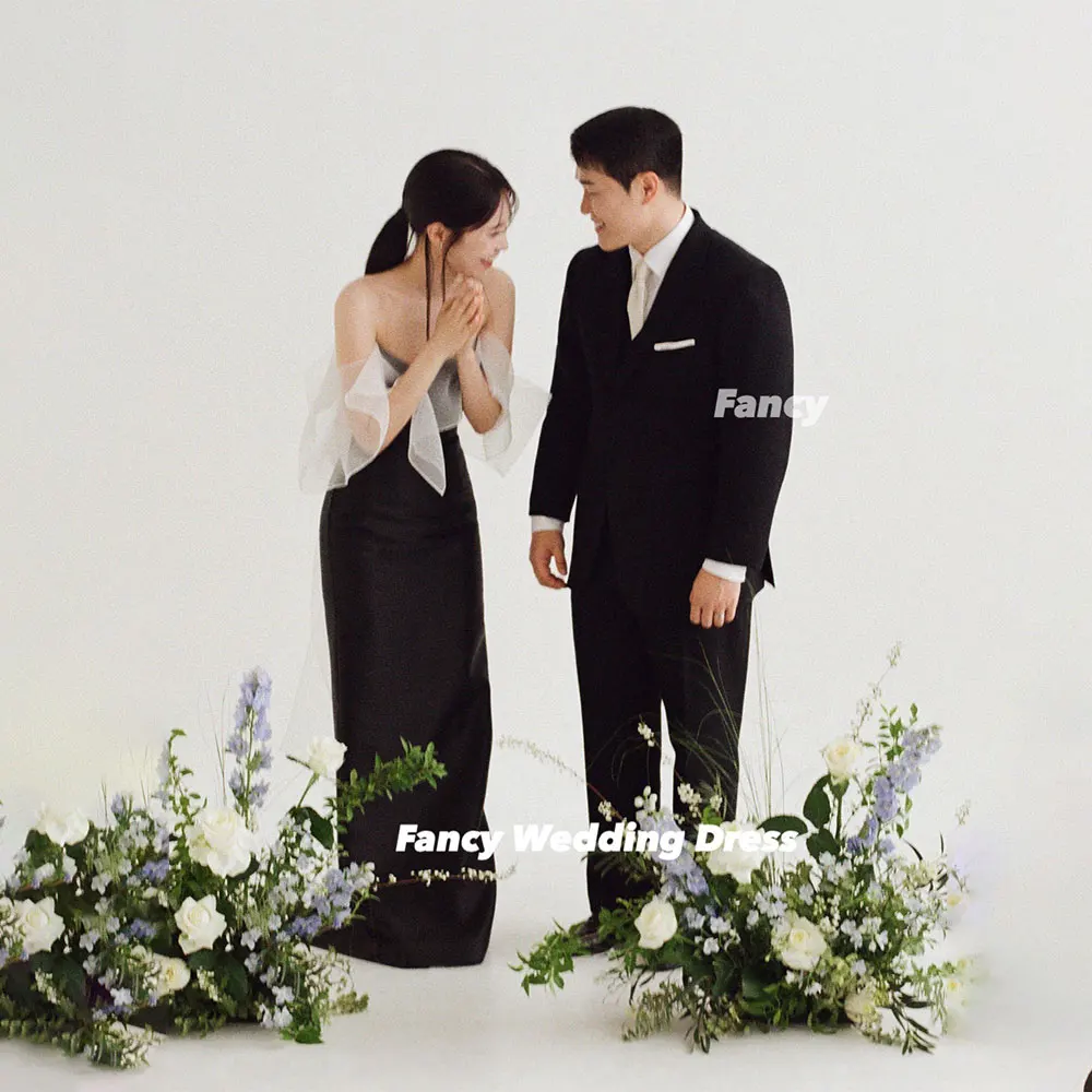 

Fancy Simple Black And White Wedding Dress Korea Photoshoot A Line Soft Satin Bridal Gown Floor Length Customized