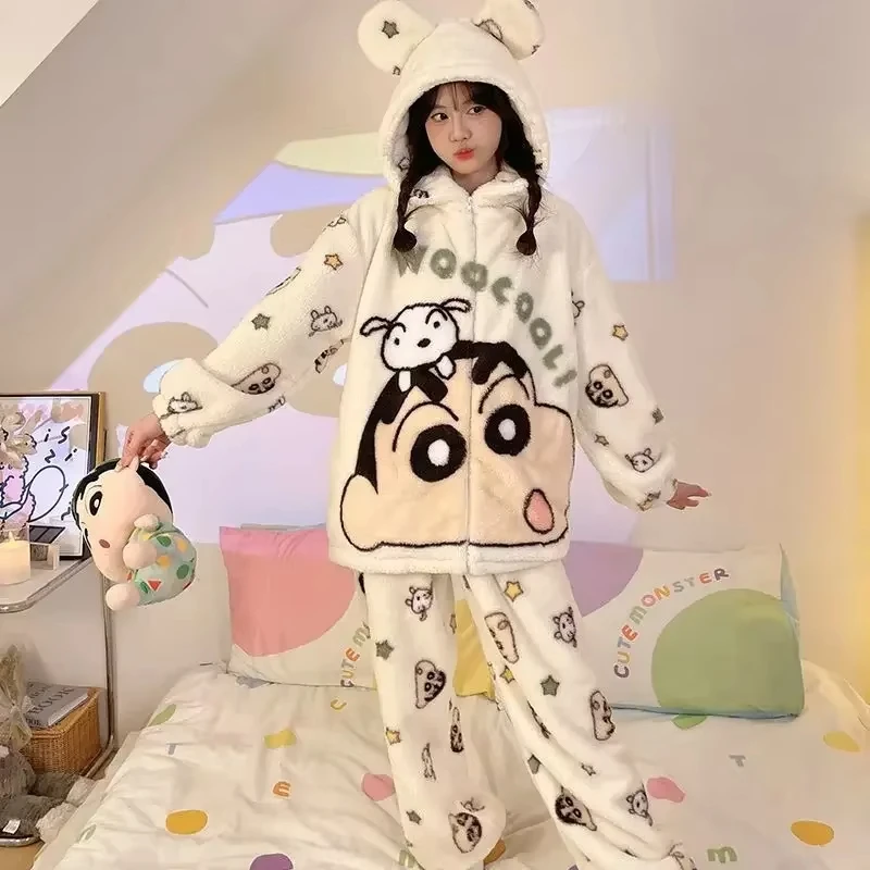 Crayon Shin-Chan pijamas de mujer nuevos pijamas de franela cómodos Otoño Invierno grueso cálido dibujos animados lindo dormitorio traje para casa