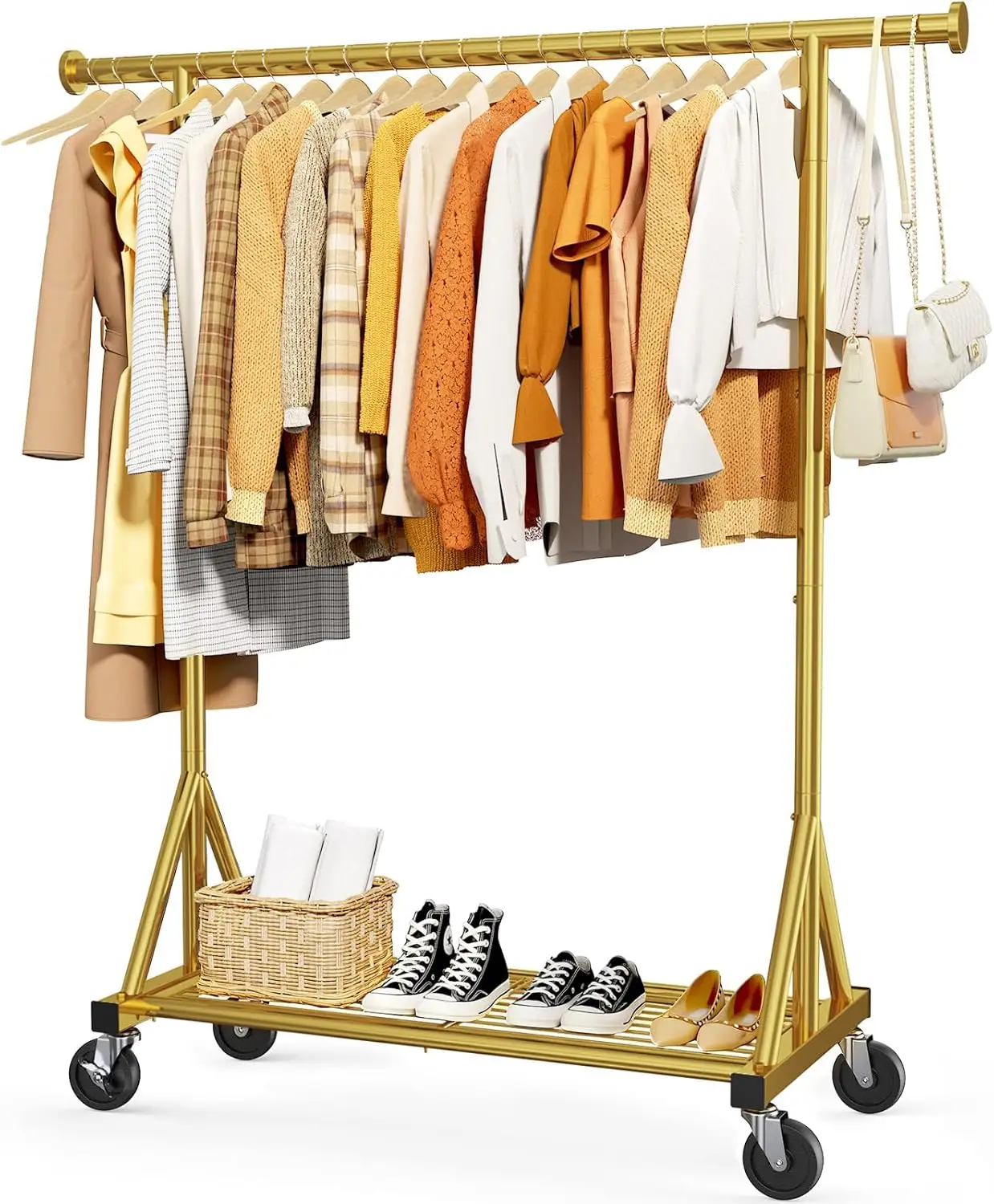 

Heavy Duty Stainless Steel Rolling Clothes Rack with Mesh Shelf, Lockable Wheels & Anti-Slip Stoppers, Large Capacity Cl
