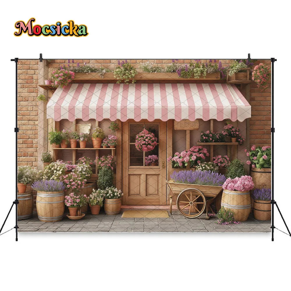 Mocsicka Easter Photo Backdrop Photography Pink Striped Awning Floral Shop Wooden Cart Background Baby Newborn Photoshoot Studio