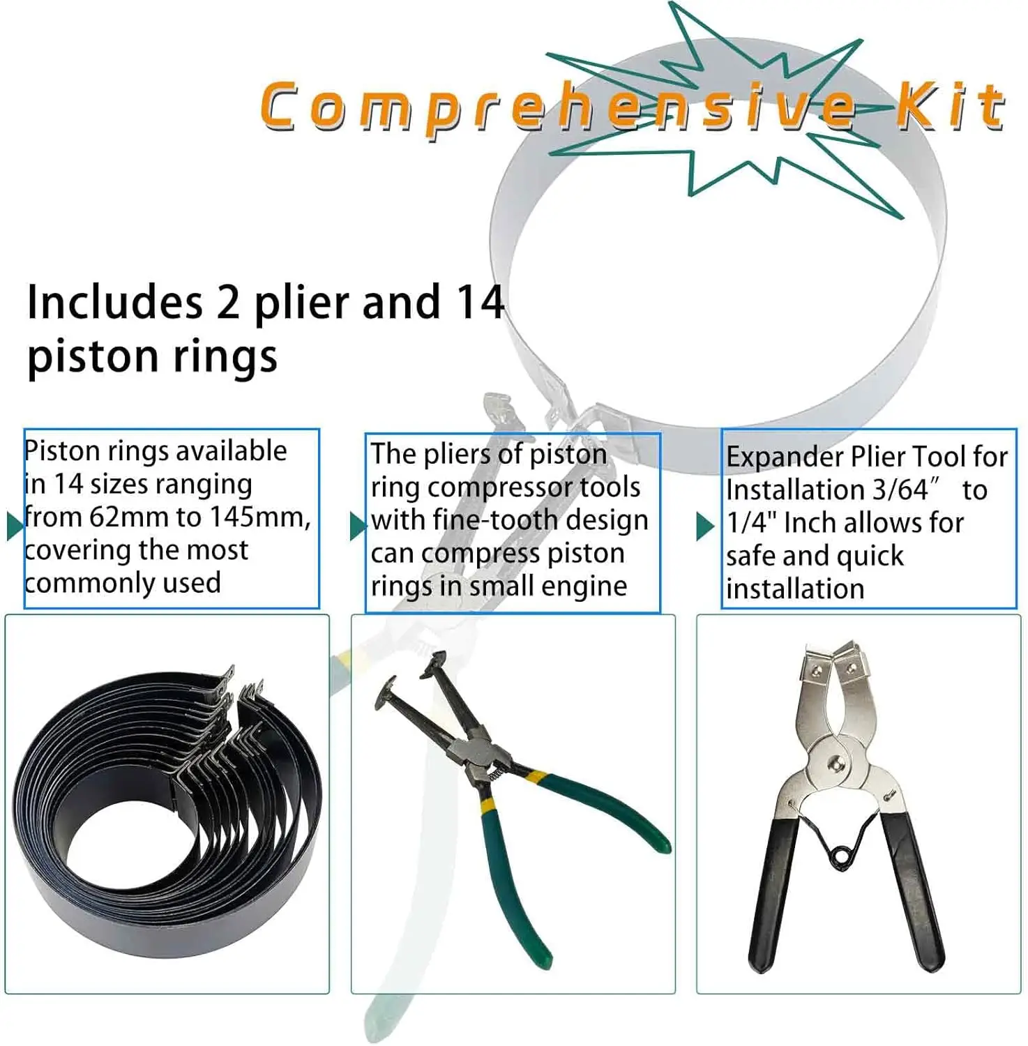 16 PCS Piston Ring Compressor Tool Set with 2 Pliers & 14 Rings (62-145mm) for Car & Truck Engine Repair