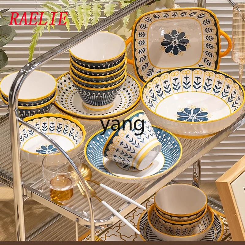 LH Dish Set New Underglaze Color Ceramic Bowls, Plates and Chopsticks Household Light Luxury Tableware Set