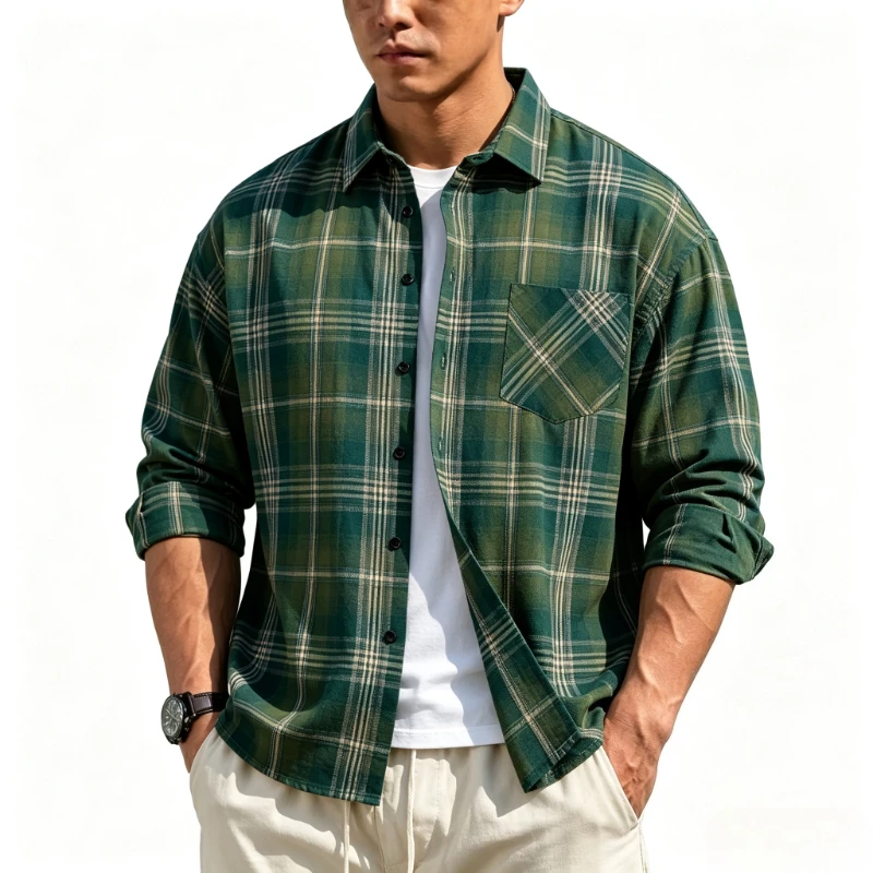 Men's Office Work Shirts Plaid Flannel Long Sleeve Loose Workwear Men Casual Shirt Spring Autumn Business Male Soft Dress Shirt
