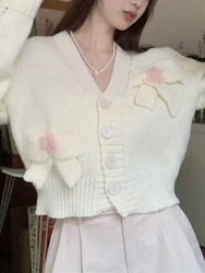 Kniited Japanese Kawaii Loose Cardigan Women Sweet Party Bow Elegant Tops Female Korean Designer Long Sleeve Solid Clothing 2023