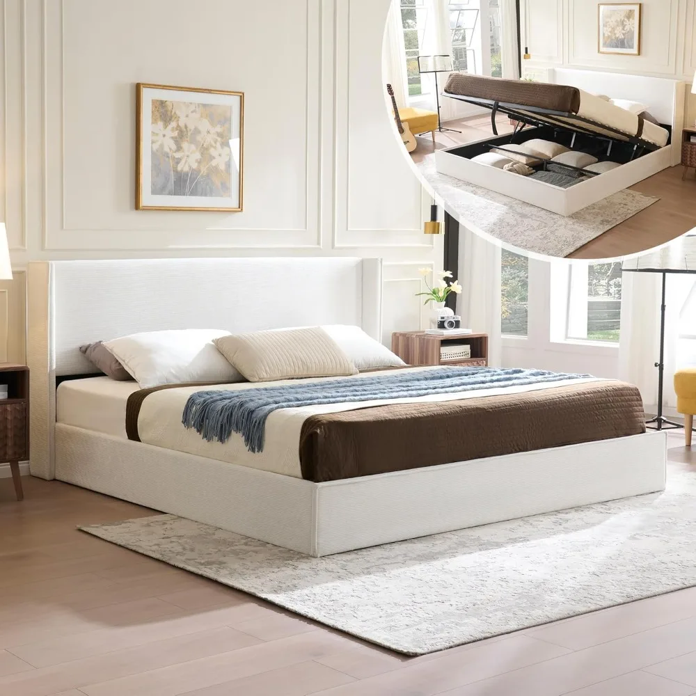 

Queen Size Lift Up Storage Bed, Modern Corduroy Upholstered Platform Bed with Wingback Headboard, Hydraulic Support, Wooden Slat