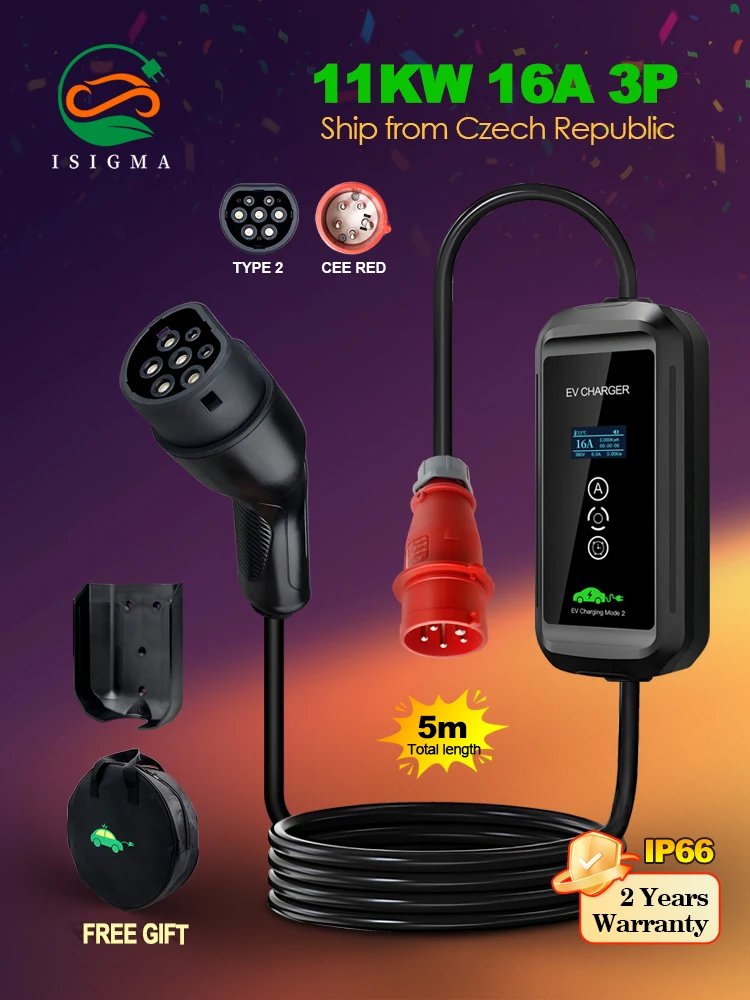 ISIGMA Mobiles EV-Ladegerät 16A 11KW EVSE Wandbox mit Timer 1-15 Stunden Heimladung Elektrofahrzeug PHEV Gesamtlänge 5M