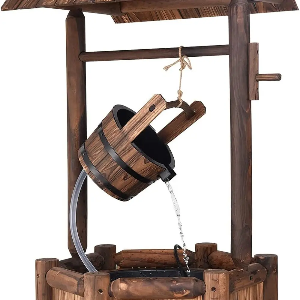 

Rustic Wooden Outdoor Wishing Well Fountain with Electric Pump, Freestanding Water Feature for Garden and Patio