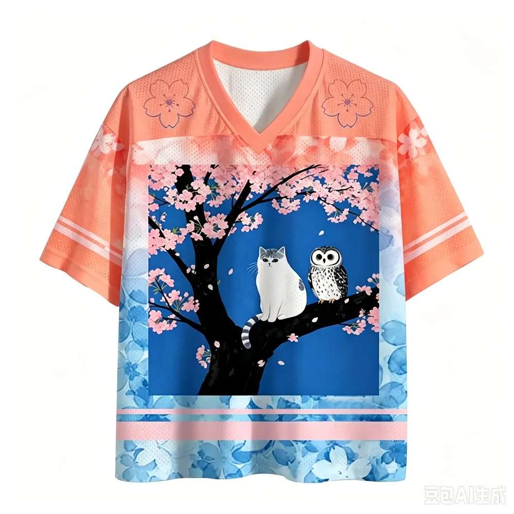 Katze, Eule, Kirschblüte, 3D-Druck, Herren- und Damen-T-Shirt mit V-Ausschnitt, lässig, locker, atmungsaktiv, Street-Hip-Hop-Trend, kurzärmeliges Oberteil. – Detail 5