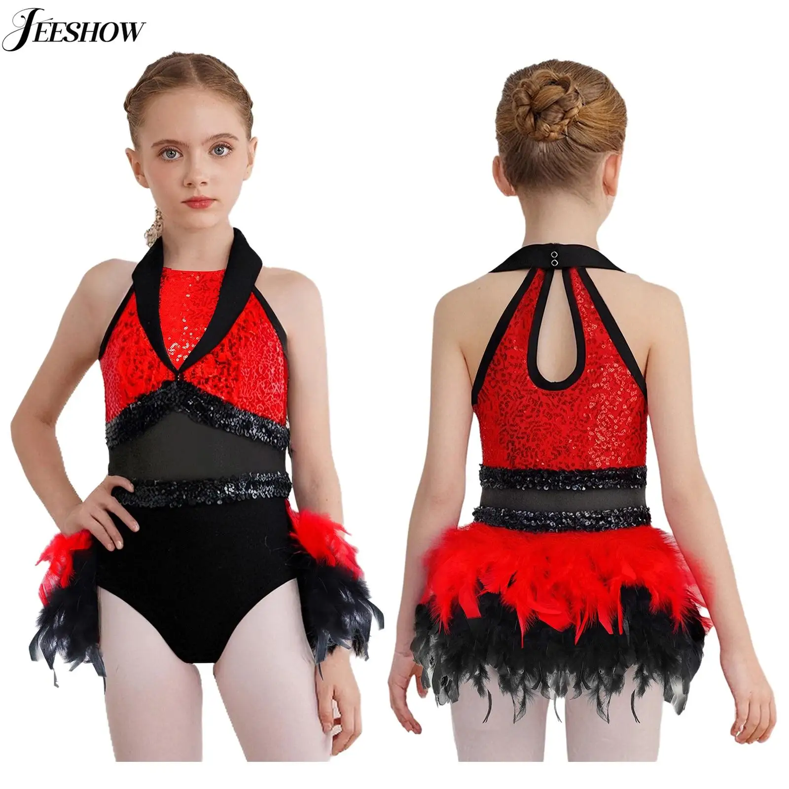 Costume de danse Jazz pour enfants filles, paillettes brillantes, garniture en plumes, sans manches, trou de serrure au dos, justaucorps Latin cha-cha Samba valse, vêtements de danse