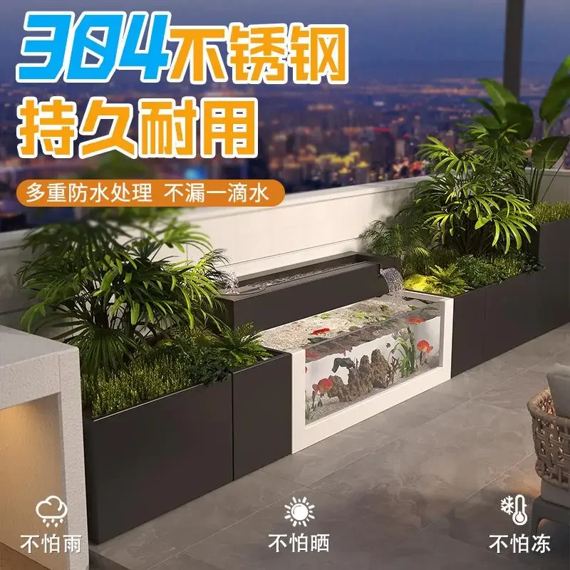 m2+ Stainless steel outdoor water feature: decorative fountain, pond, waterfall, and recirculating tank for landscaping