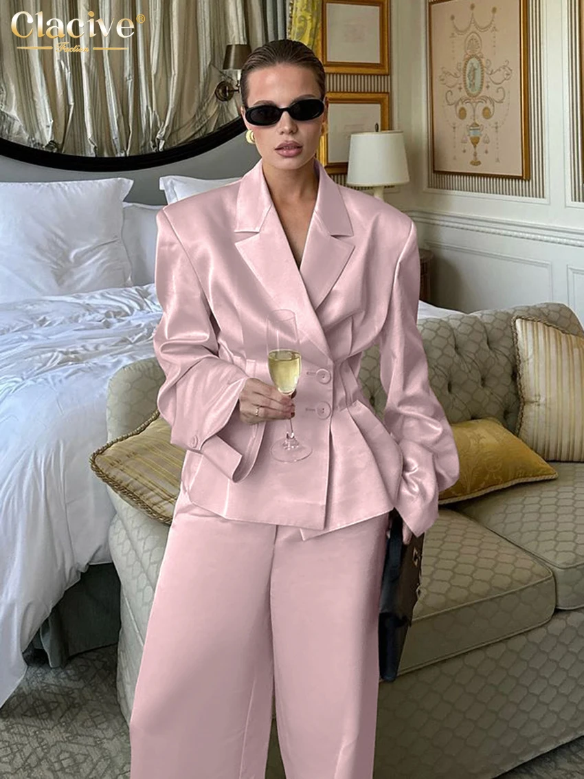 Clacive Fashion Loose Pink Satin Trousers Sets For Women 2 Pieces 2024 Elegant Long Sleeve Blazer With High Waist Wide Pants Set