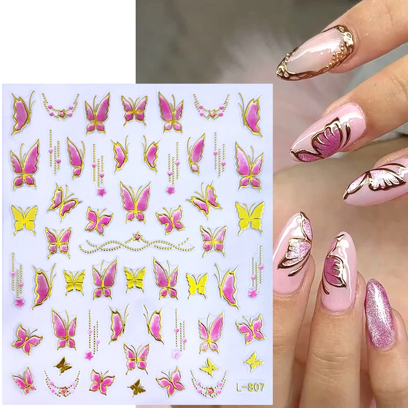 6pcs 3D Bronzing Butterfly Stickers for Nail Art Colorful Jelly Butterflies Adhesive Decals Spring Summer DIY Manicure Foils