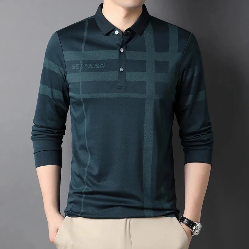 2025 New Oppa Polyana Men's High-end Long-sleeved T-shirt Business Casual Plaid POLO Shirt