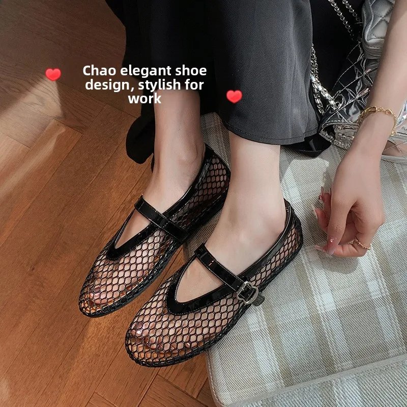 black-leather-version-spring-korean-style-mesh-hollow-mary-jane-flat-bottom-woven-fishing-net-shoes-women's-single-shoes