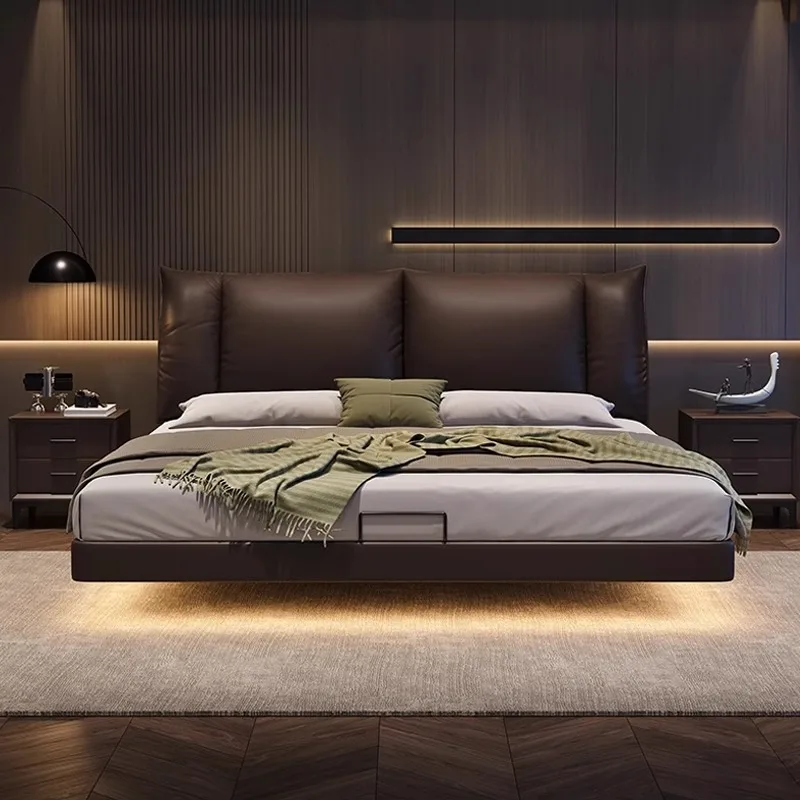

Modern Luxury Wooden Bedroom Furniture Soft Up-holstered Beds king Size Double Bed Frame Girls Suspension with Lights Design
