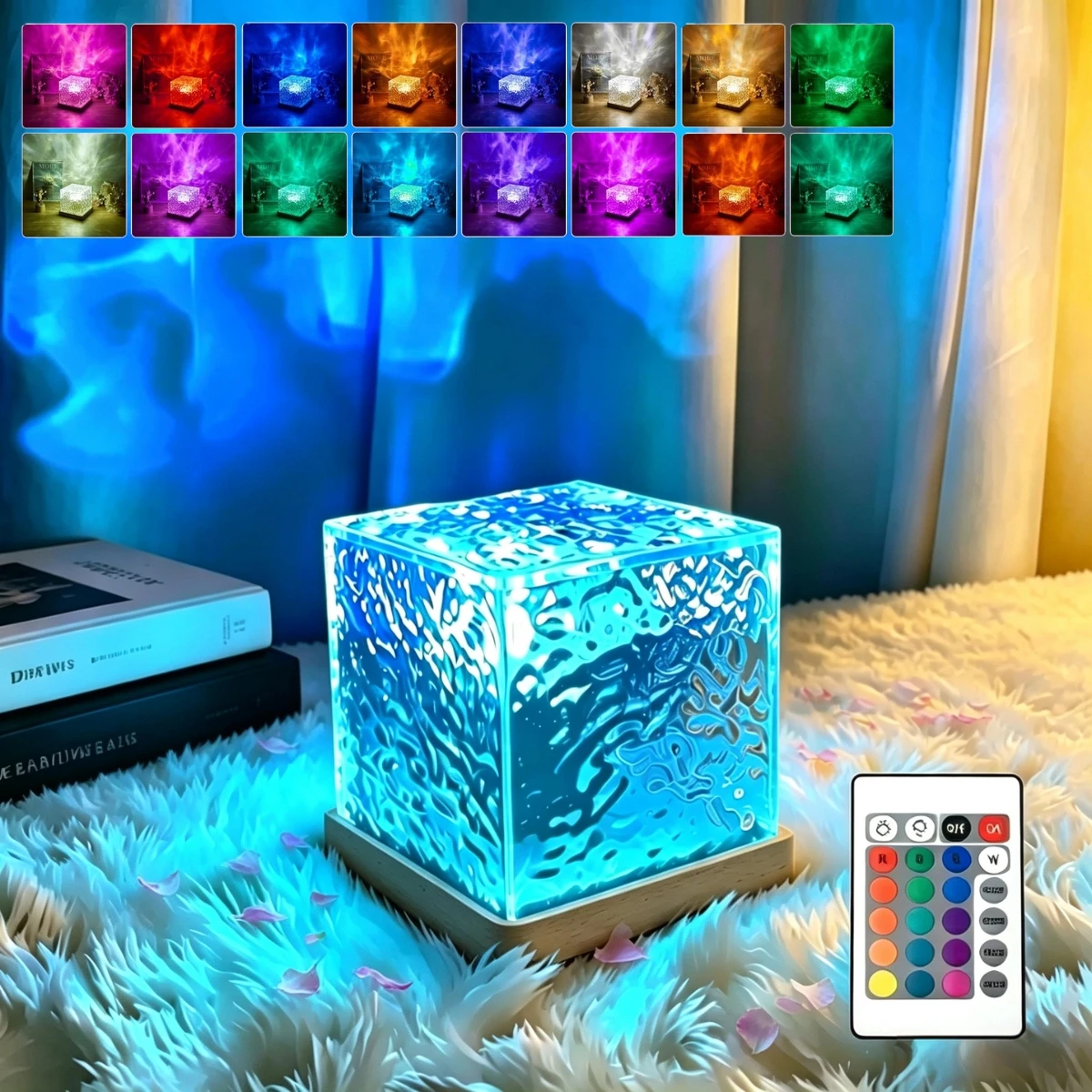 1pc Square Water‑Ripple Ambient Light, Remote‑Controlled, 16‑Color Adjustable, Decorative Lighting for Bedroom, Living Room