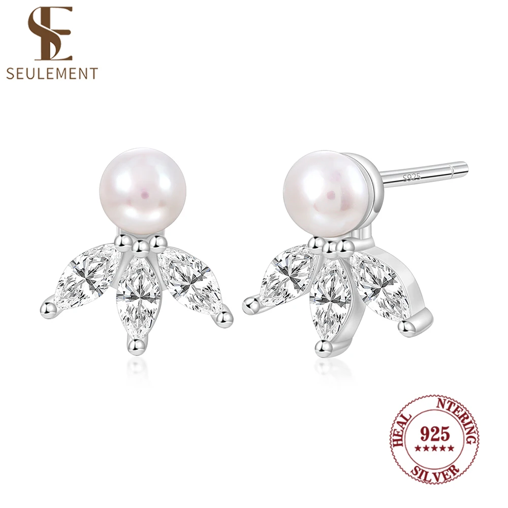 

Seulement 925 Sterling Silver Natural Pearl Stud Earrings with Sparkling Zircon Leaves Luxury Design for Women Jewelry Gift