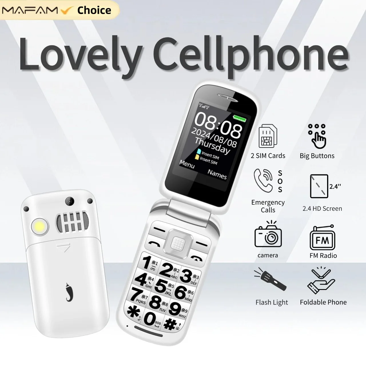 2G GMS Stylish Ladies Flip Phone 2.4'' Big Keypad Cheap Clamshell Mobile with SOS Button Qick Dial Loud Speaker Two Earpieces