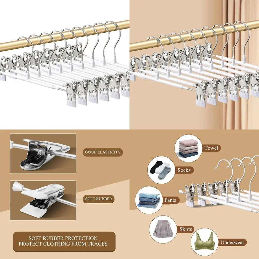 

60-Pack Adjustable Non-Slip 14-Inch Women's Skirt & Pants Hangers with Clips, Heavy Duty, White