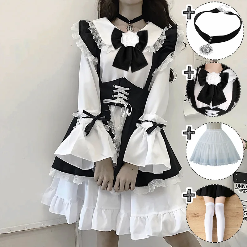 

New Vintage Black White Gothic Lolita Maid Dress Women's Japanese Cute Kawaii Flare Sleeve Sets Girls Halloween Cosplay Costumes