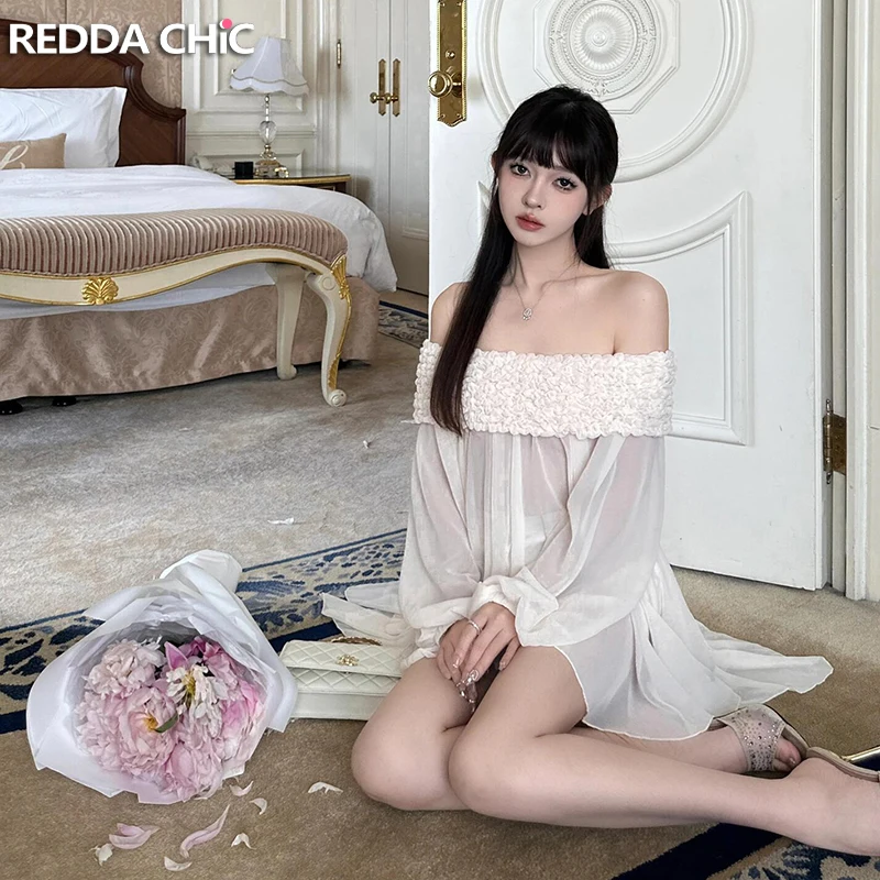 

REDDACHiC Irregular Hem Chiffon Top Women Fairycore One-shoulder Lantern Sleeve Thin Extra-long Top Flowy Wedding Summer Clothes