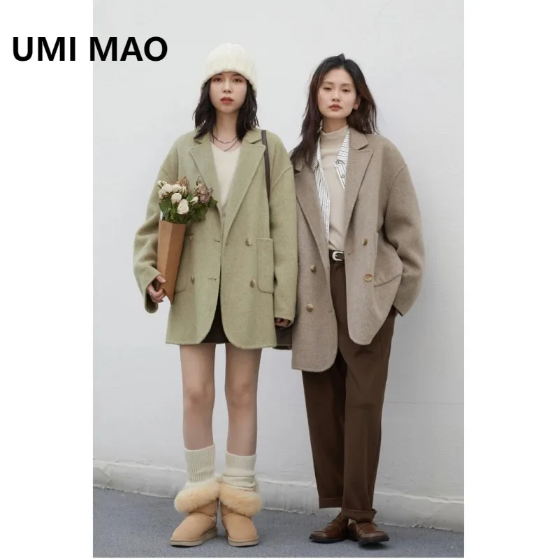 

UMI MAO женские шерстяные пальто, свободные повседневные двубортные двусторонние куртки в стиле ретро, офисная женская верхняя одежда, осенне-зимнее пальто