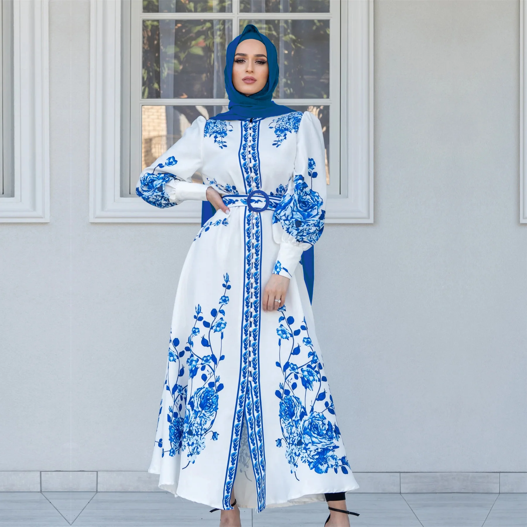 M163#2023 new Muslim women's long sleeved stand up collar printed large swing dress