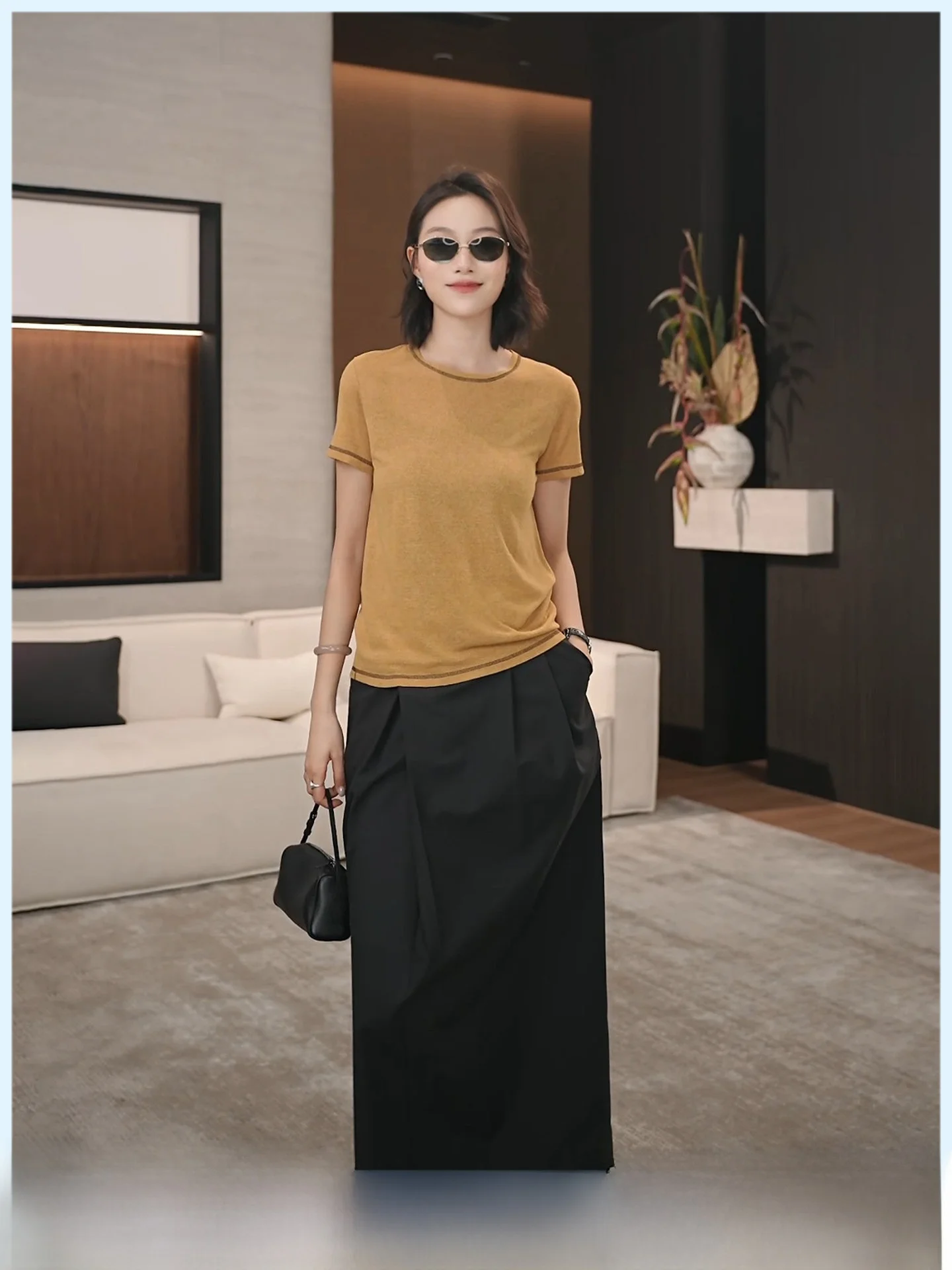 

Black Cotton Linen Midi Skirt Slimming Suit Style Women's High Waist A-Line Skirt Breathable Comfortable Summer New Design