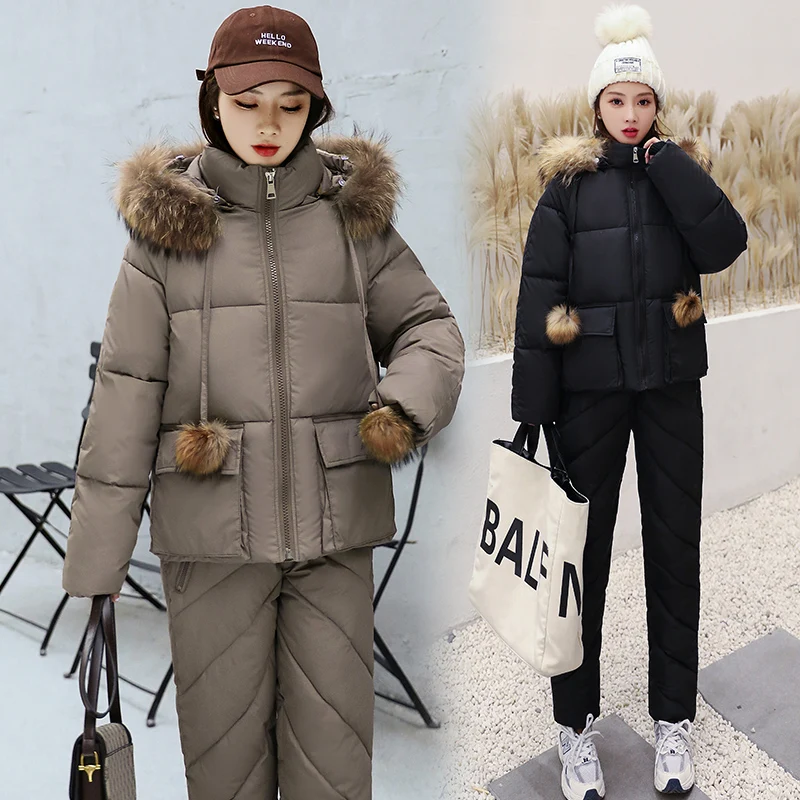 2023 Winter Jacket Women Snow Clothes Warm Pant Suits Real Fur Collar Parka Women Down Cotton Coat 2 pieces Set Outwear Ladies