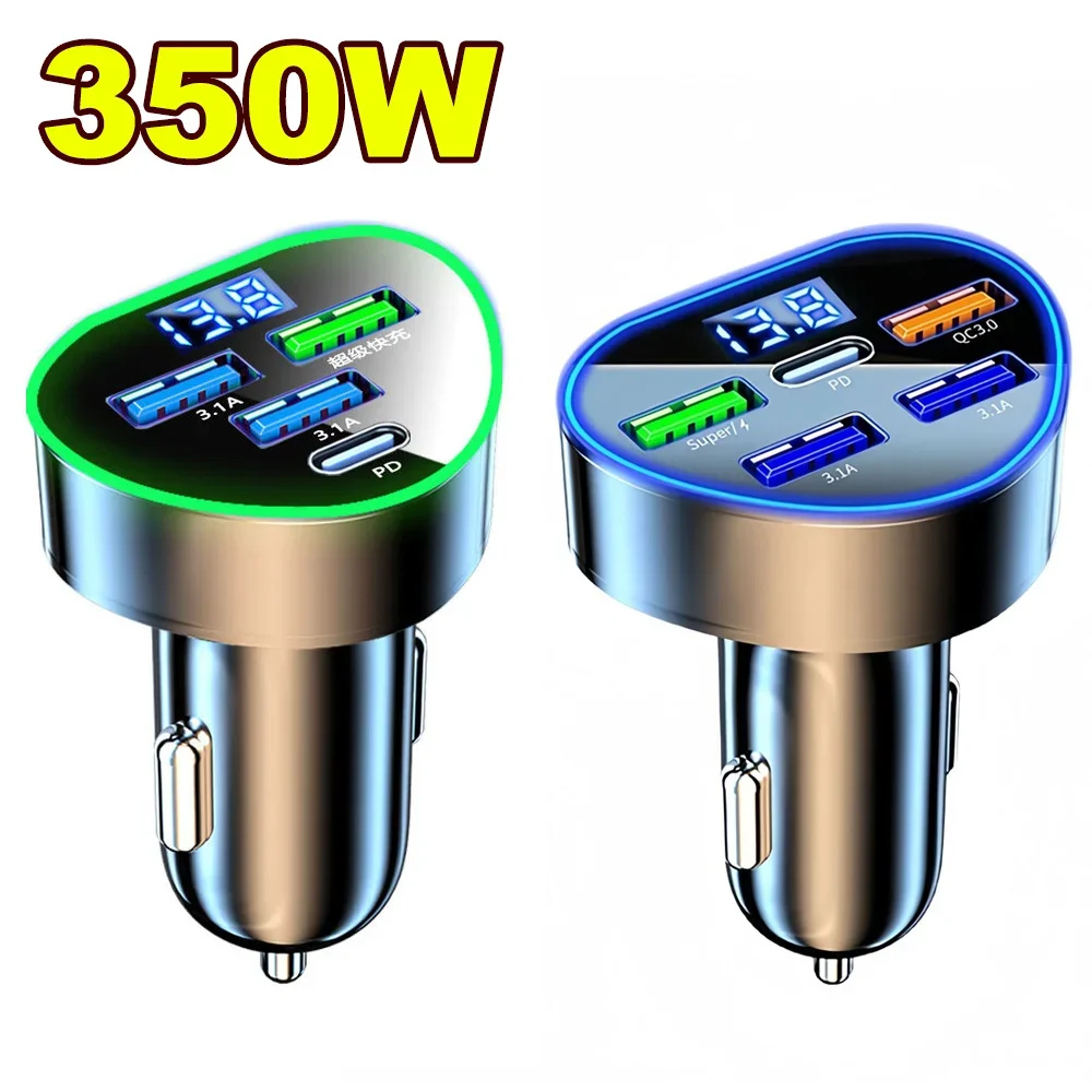 350W Car Phone Charger USB Type C Super Fast Charge in Car with LED Voltage Monitor for IPhone Samsung Huawei Oneplus Vivo Oppo