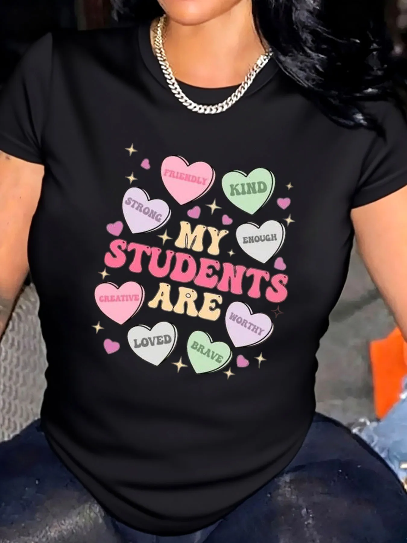 Vrouwen Plus Size T-shirt Valentijn Mijn studenten zijn liefde Harten Print Outdoor Wear