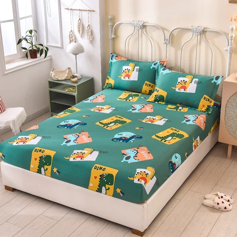 Cute Cartoon Dinosaur Fitted Sheet with Deep Pocket Jungle Animal Bed Sheet for Room Decor Cotton Bed Cover with 2 Pillowcases