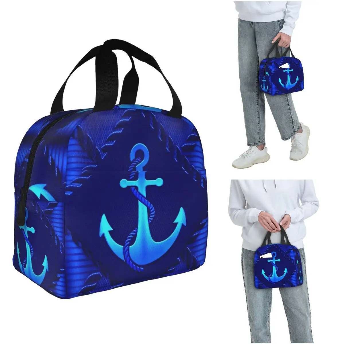 

Nautical Blue Anchor Insulated Lunch Bag for Women Office Cooler Thermal Food Box Tote Portable Lunch Boxes Container