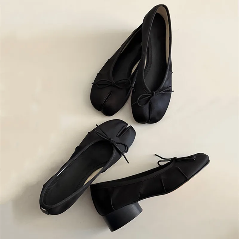 Spring Summer Luxury Satin Bowknot Split toe Women Pumps Ballet Style Fashion Pleated Tabi Low Heeled Casual Loafers Lazy shoes view 4