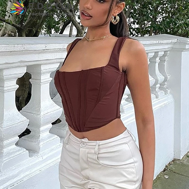 EDGLuLu موضة ساحة الرقبة بلا أكمام المحاصيل الأعلى السيدات مثير عارية الذراعين هيكل السمكة عدم التماثل تانك القمم للنساء 1027