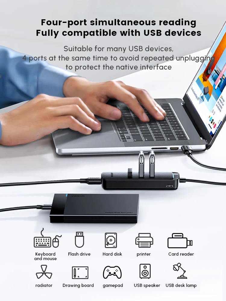 UGREEN 4-портовый концентратор USB 3.0, USB-сплиттер ABS, передача данных 5 Гбит/с, USB-удлинитель для ноутбука