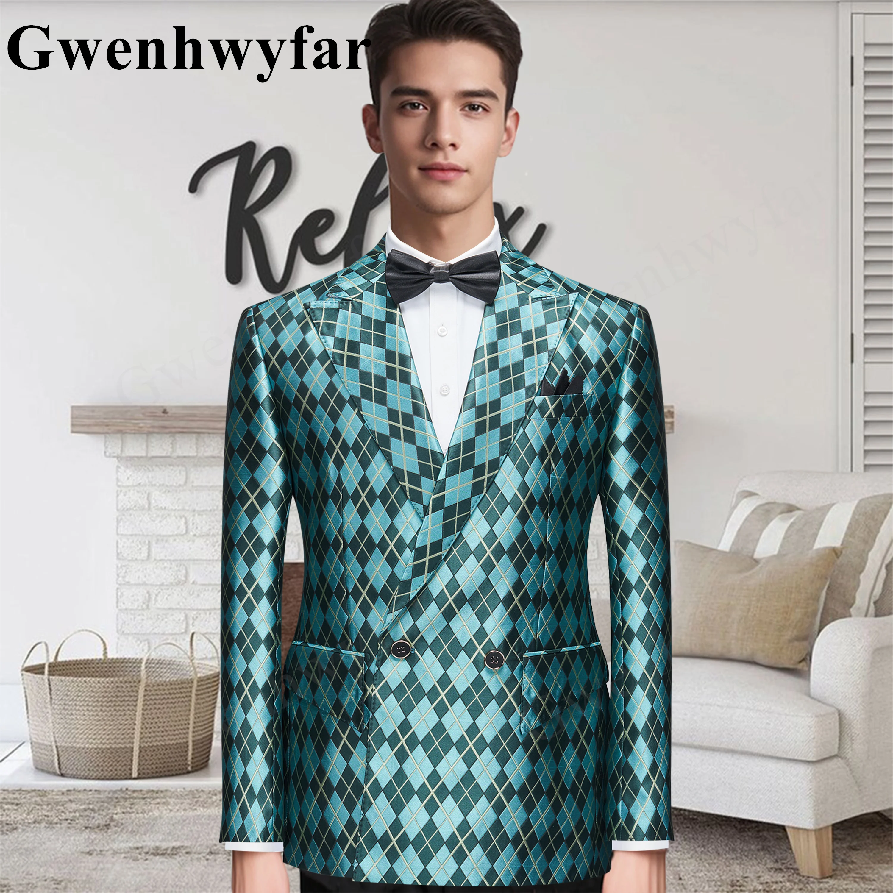 

Gwenhwyfar Men Party Tuxedos 2024 Fashion Green Geometric Pattern Adult Suits Double Breasted Peak Lapel Blazer Pants Vest Homme