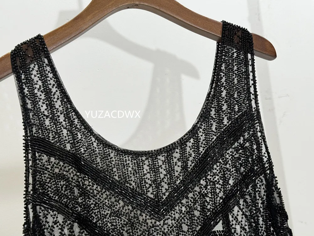 Urlaub Schwere Stickerei Samen Perlen Ärmellose Weste Frauen Mode 2-Cut Perle Handgemachte Mesh Sexy Tank Top Camis