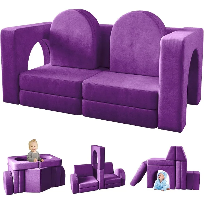 10PCS Purple Modular Play Couch for Playroom Bedroom 10 in 1 Multi-functional Sofa for Playing Creativing Sleeping Toddler Couch