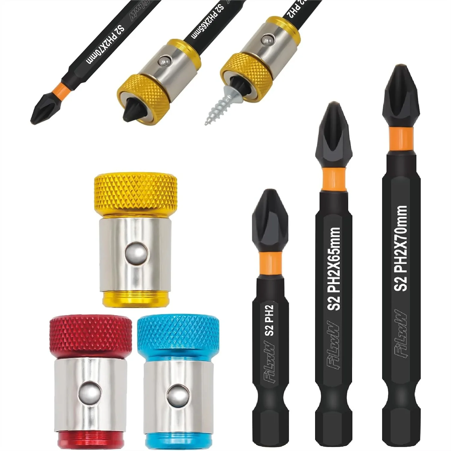 Juego de 3 Anillos Magnéticos para Tornillos con Puntas de Destornillador PH2, Porta-Puntas Universal Hexagonal de 1/4 de Pulgada para Herramientas Eléctricas