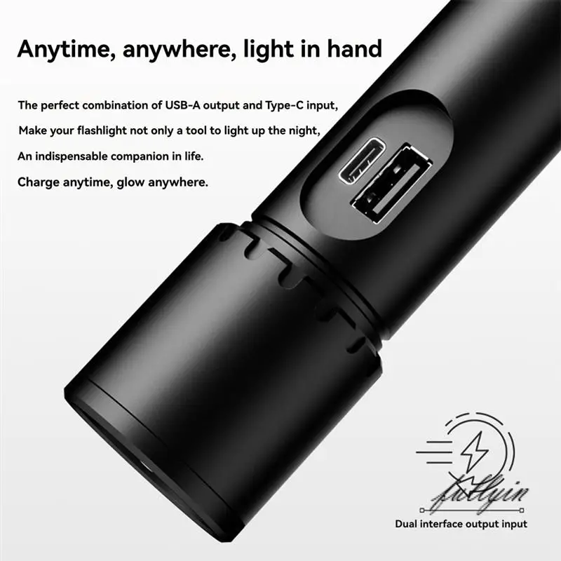FULL-Zoom Flashlight 3500Mah Battery Type-C Charging With Side Light Multifunctional Strong Light Camping