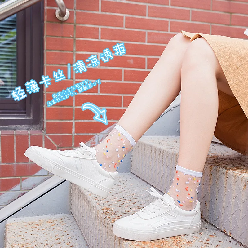 Frauen Socken Mode Sheer Mesh Glas Seide Socken Ultradünne Transparente Kristall Spitze Fabelhafte Elastische Damen Sommer Söckchen – Detail 2
