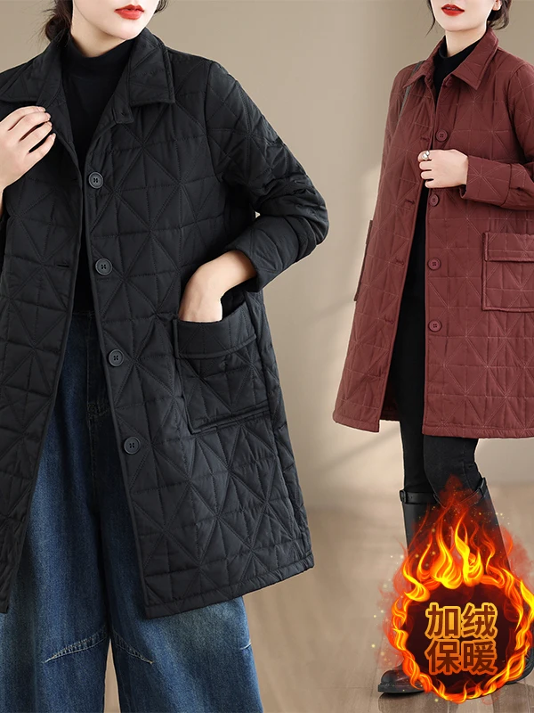 Authentic Warm Cotton Jaet Women's Loose Sle Autumn Winter Faionable Mid-Length Polyester Filled Coat  Collar Singl...